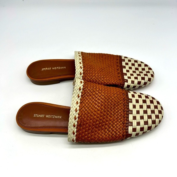 Stuart Weitzman - Brown And Cream Woven Leather Indiana Slide Flat Mules Size 39